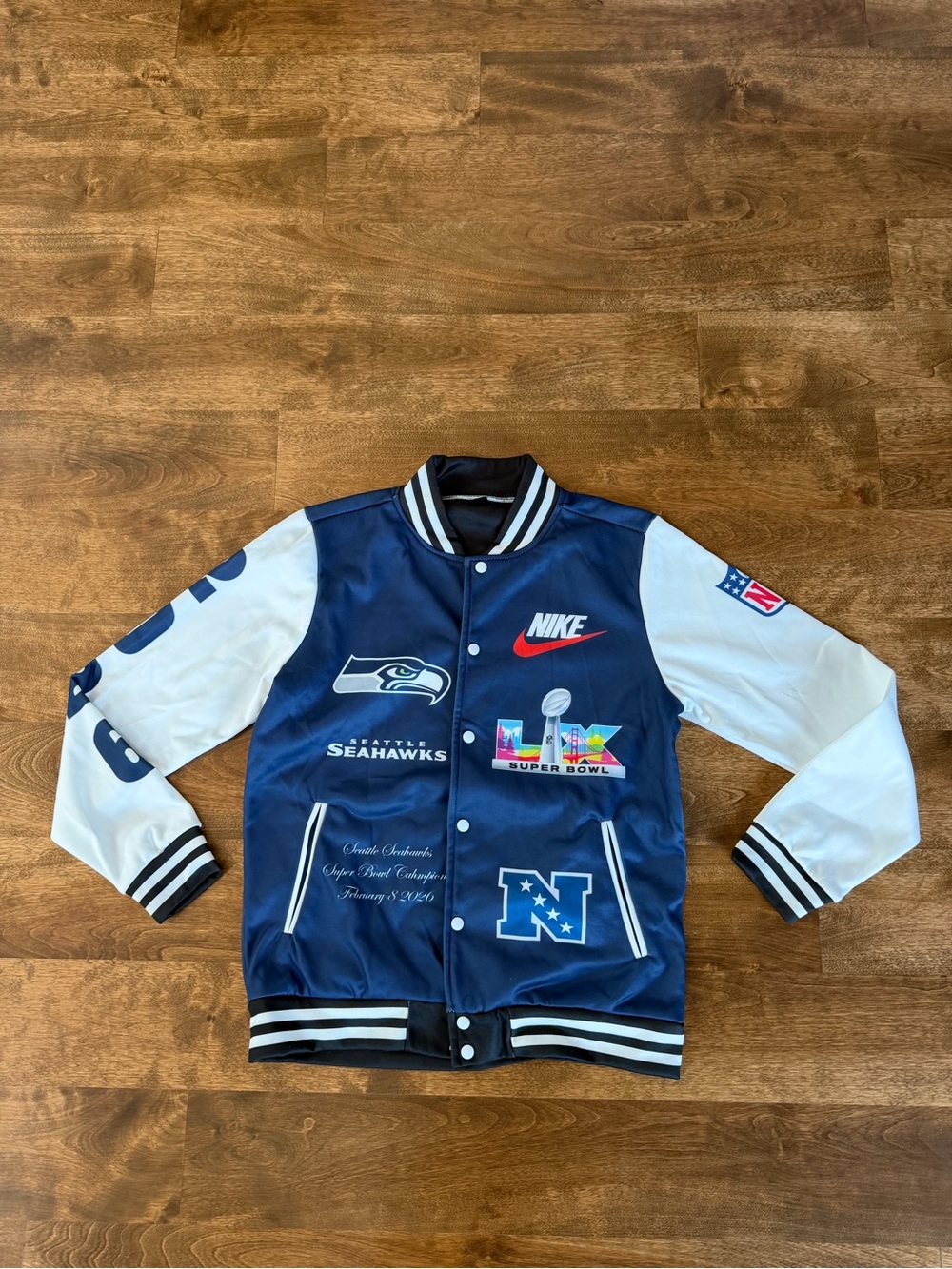 Seattle Seahawks Super Bowl LX Champions Varsity Jacket Size Small